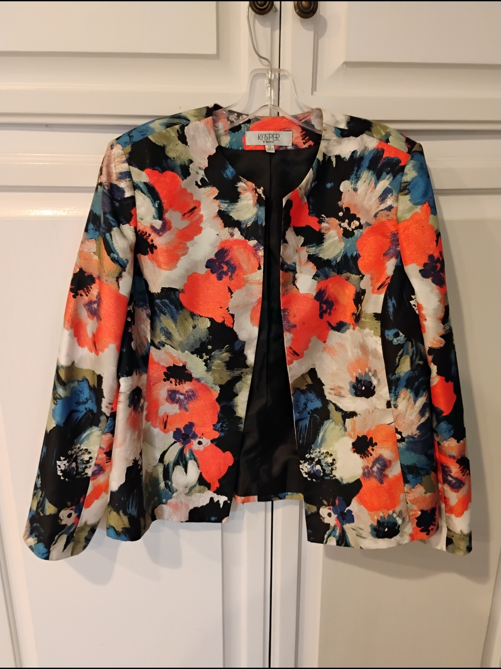 Kasper Floral Open Blazer in Black, Orange & Blue